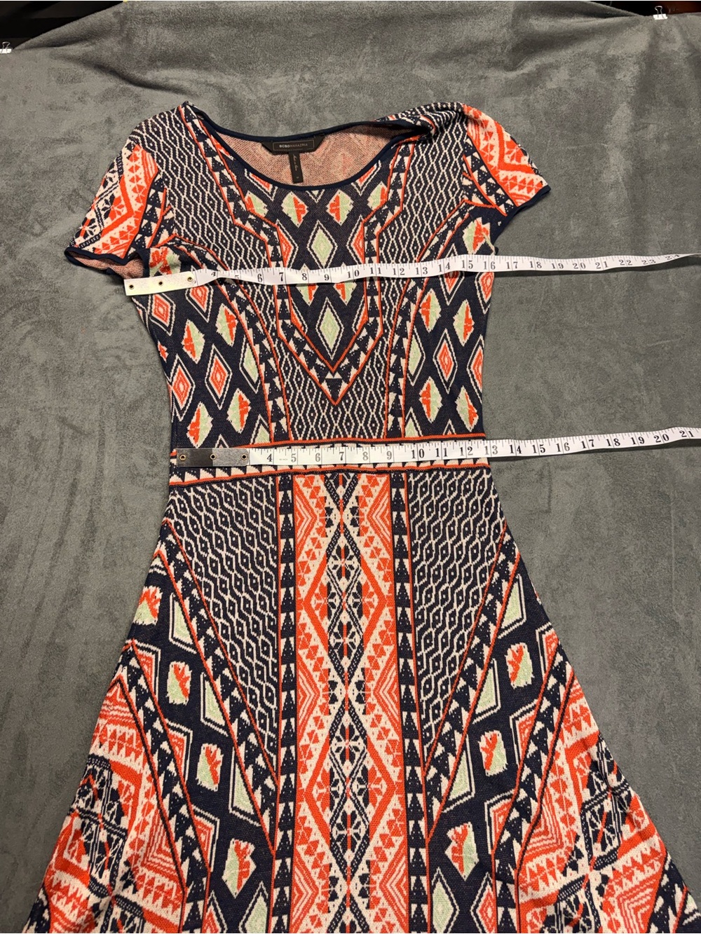 BCBGMaxAzria “Kayla” Silk Knit Coral & Navy Geometric Short-Sleeve Midi Dress - Picture 7 of 11
